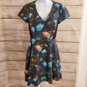 ✅️ Club Monaco Fit & Flare A-Line Skater Dress W/ Butterfly & Flower Print Sz 4